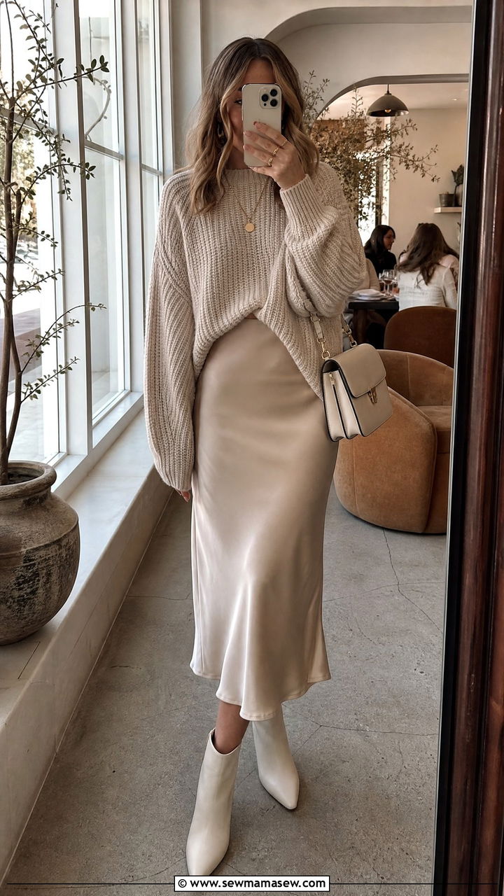 Slip Skirt with a Chunky Sweater - 30 Girls brunch outfit ideas