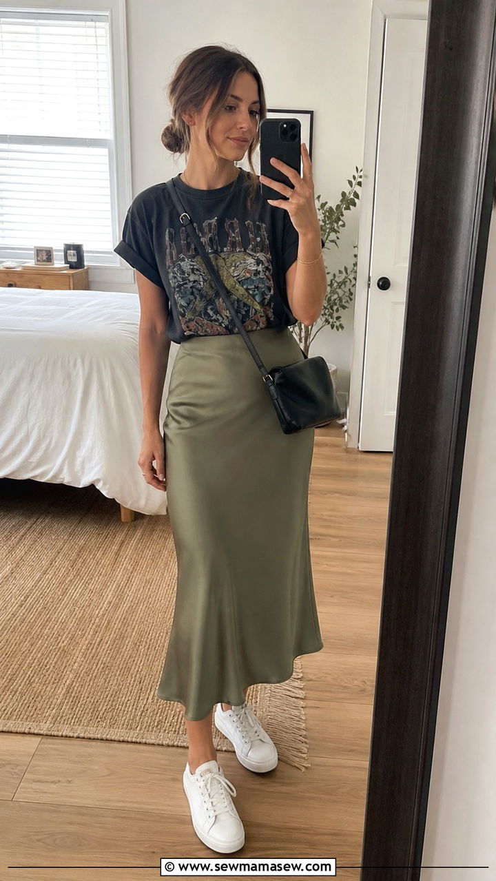 Slip Skirt with a Vintage Band Tee - 40 summer french girl outfits