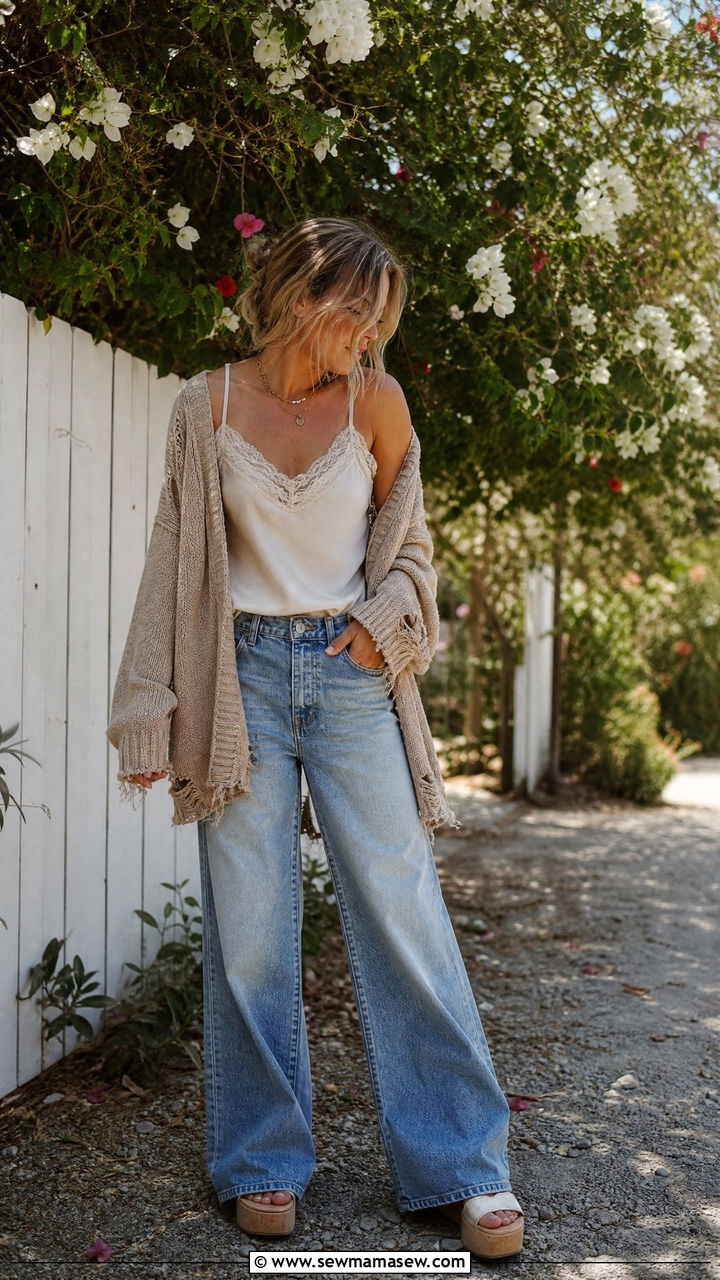 Slip Top with Wide Leg Jeans and Oversized Cardigan - 35 grunge outfit ideas for women