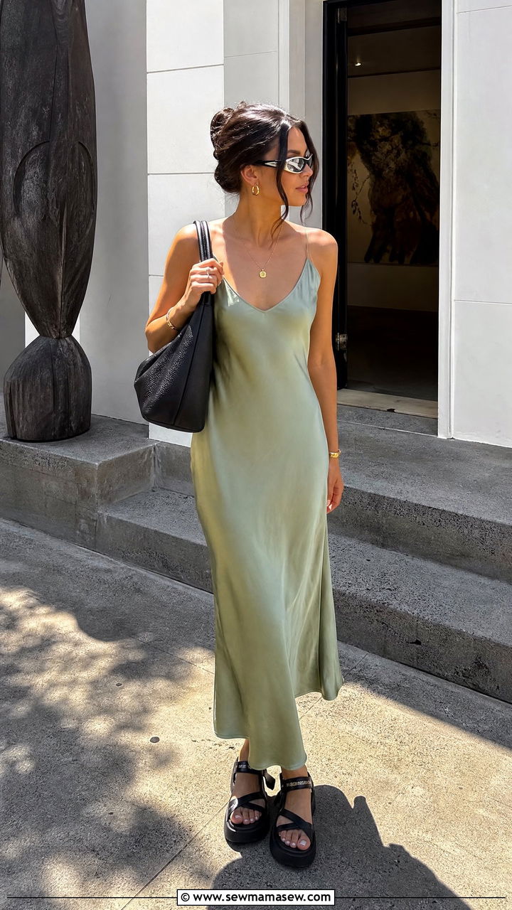 Slip dress and chunky sandals with sporty wraparound sunglasses - 30 Summer outfits with sunglasses