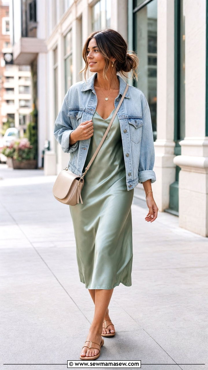 Slip dress and denim jacket outfit - 25 spring late spring outfit ideas
