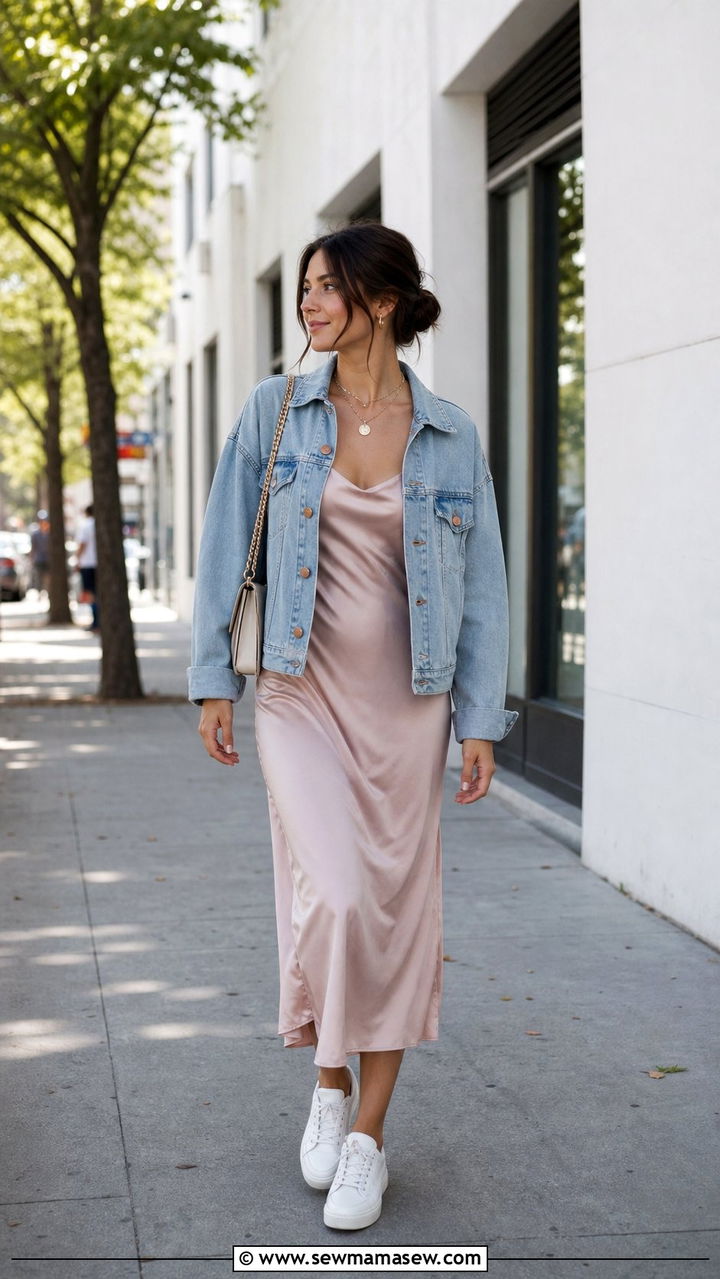 Slip dress and denim jacket outfit - 25 spring to summer outfits inspo