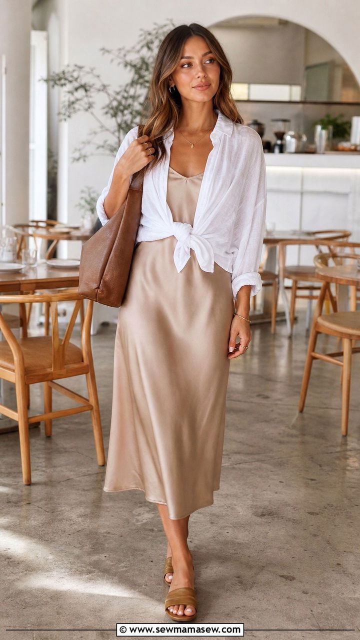 Slip dress and oversized shirt layer outfit - 40 Spring style ideas