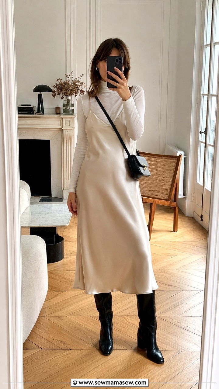 Slip dress layered over a thin white turtleneck - 30 casual french girl outfits