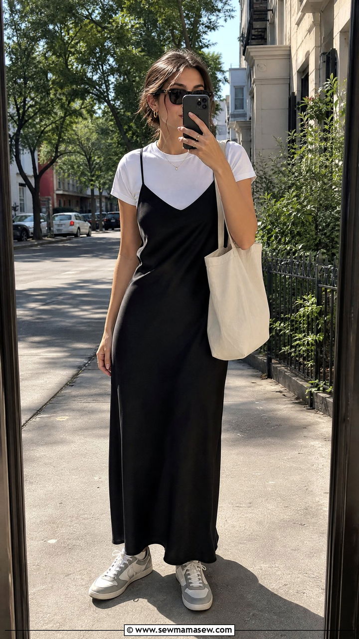 Slip dress layered over a white t shirt - 25 How to style a slip dress for travel