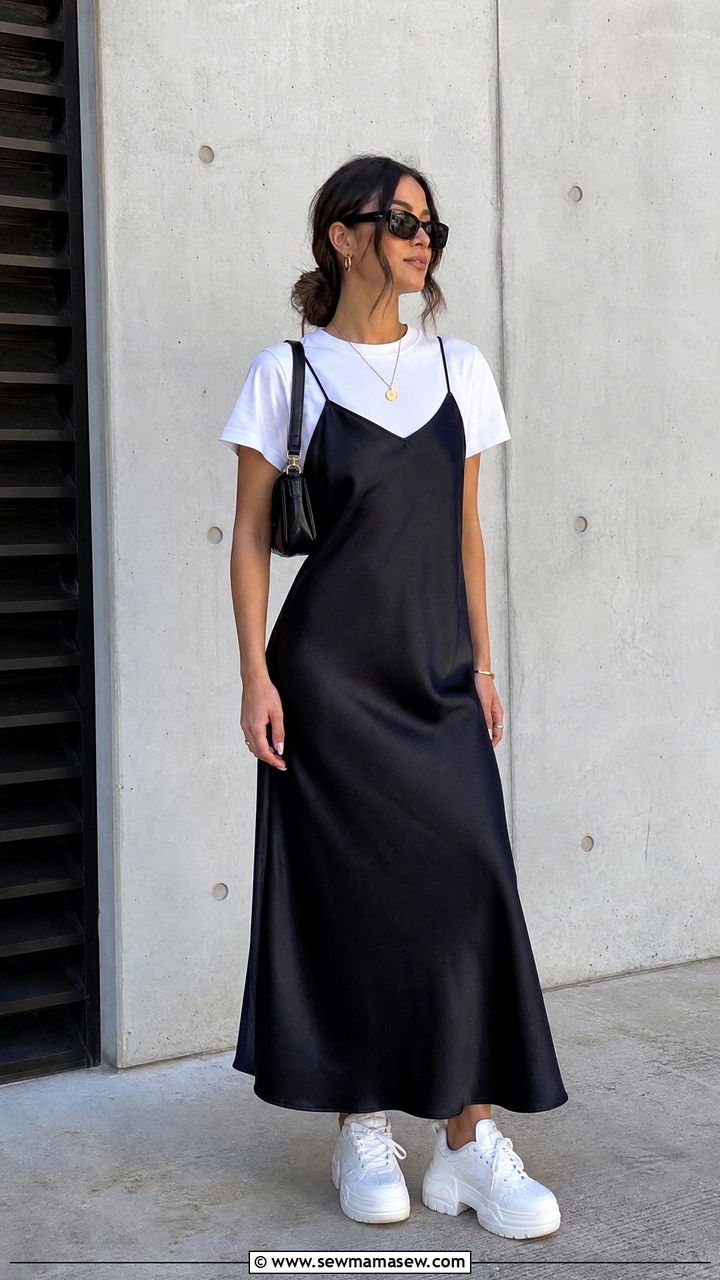 Slip dress layered over a white tee outfit - 35 How to style a slip dress