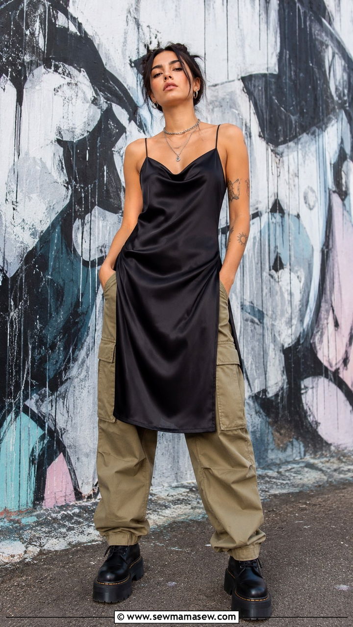 Slip dress layered over cargo pants - 25 trendy outfits to copy