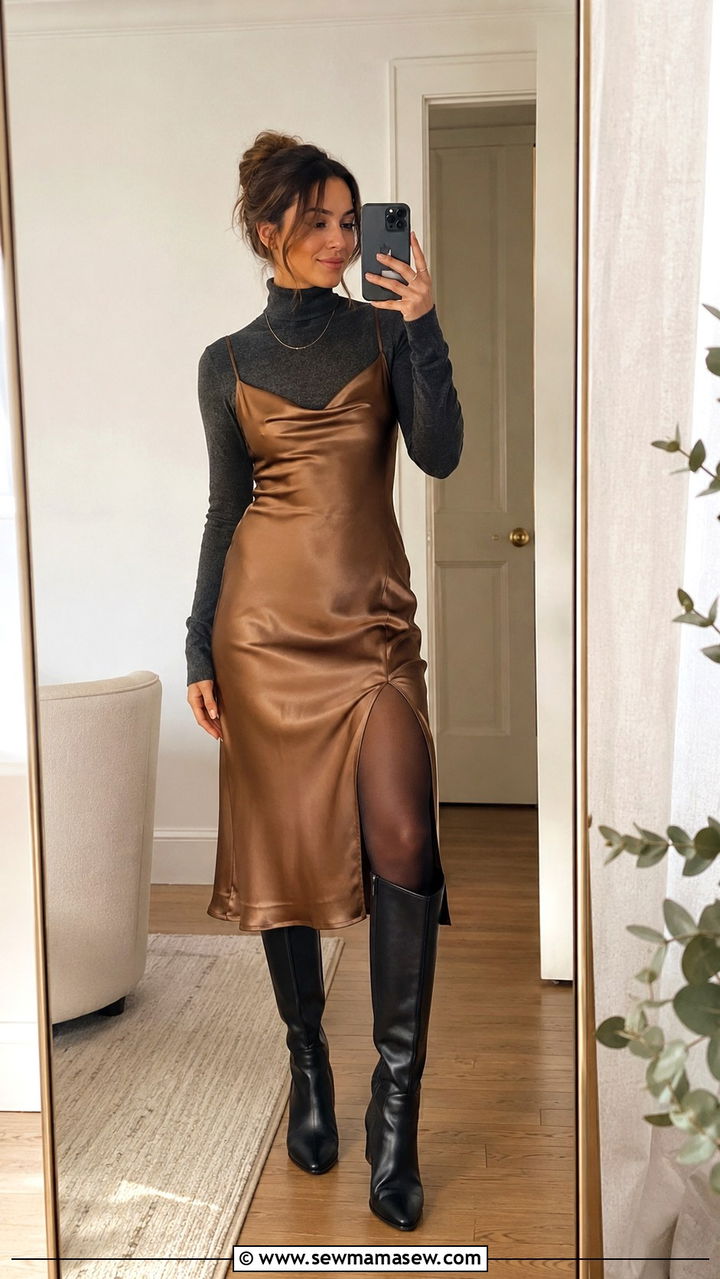Slip dress layered over fine knit turtleneck outfit - 30 In between season outfit ideas