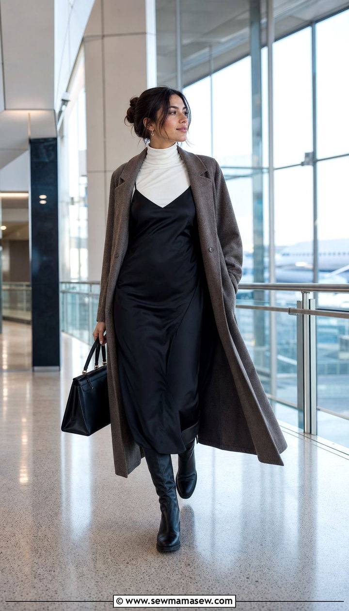 Slip dress layered over fitted turtleneck - 35 Airport outfits for long flights