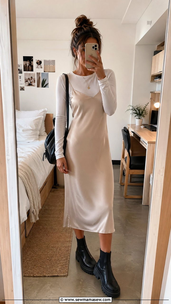 Slip dress layered over long sleeve tee - 35 First day of college outfit ideas