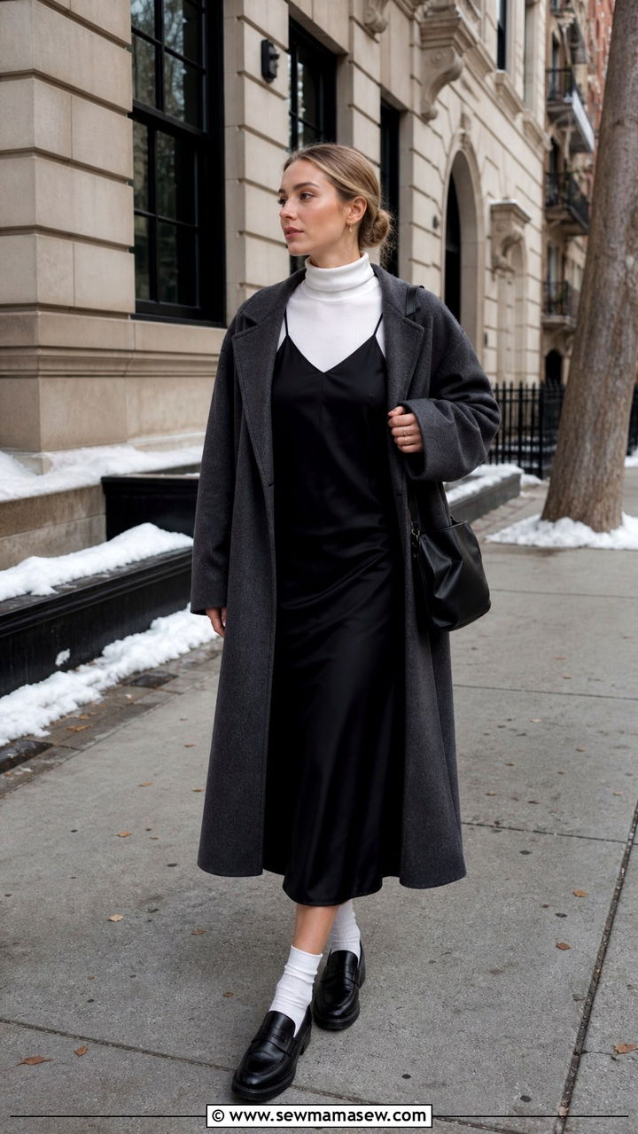 Slip dress layered over turtleneck with loafers - 40 trendy outfits