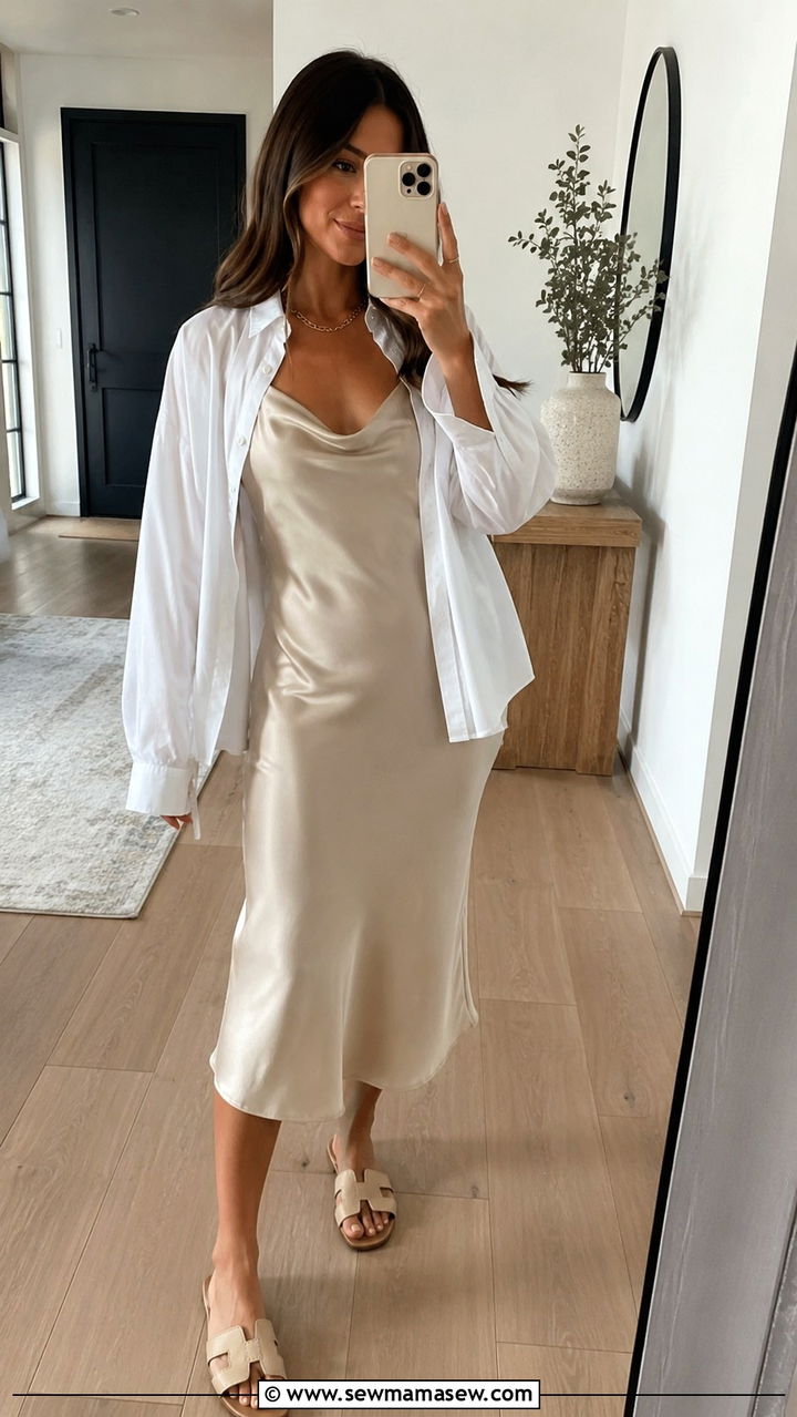 Slip dress layered under an oversized open shirt - 30 Heat wave outfit ideas