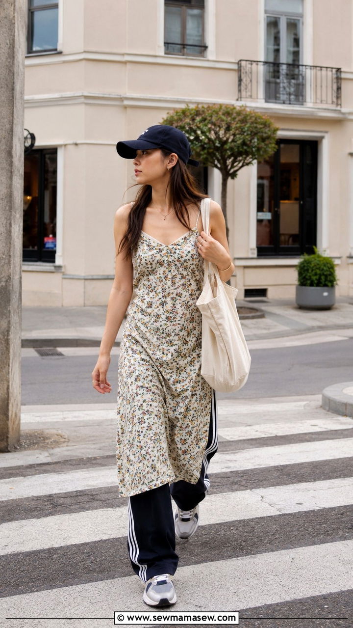 Slip dress over track pants and retro sneakers - 30 How to style a slip dress in spring