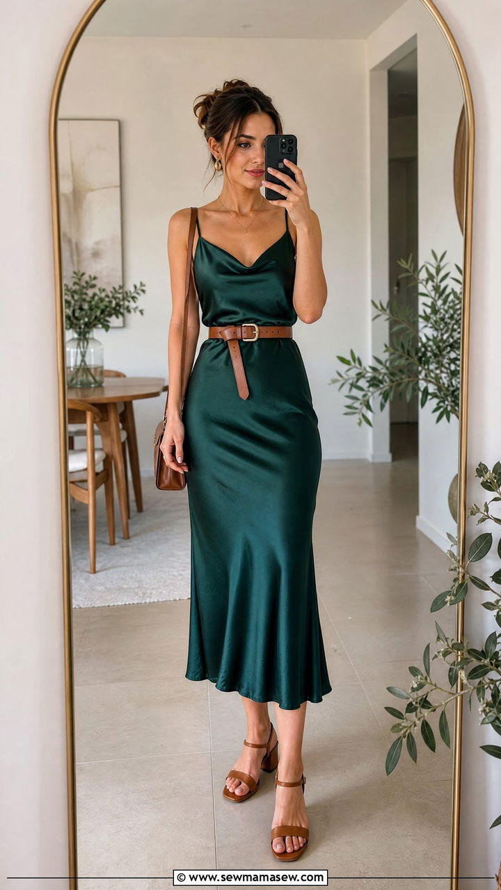 Slip dress with a belt and block heels summer outfit - 30 summer slip dress outfit ideas