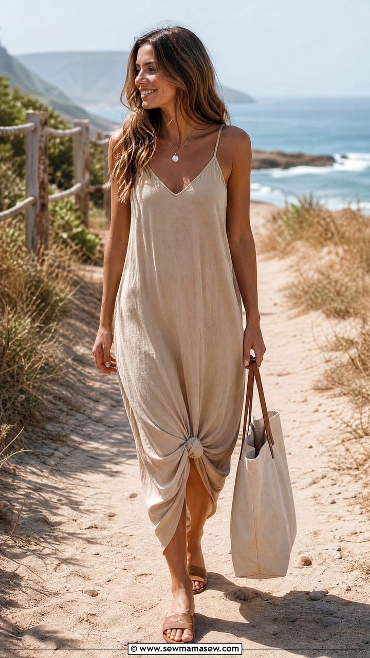 Slip dress with a knotted front and sandals summer outfit - 30 summer slip dress outfit ideas