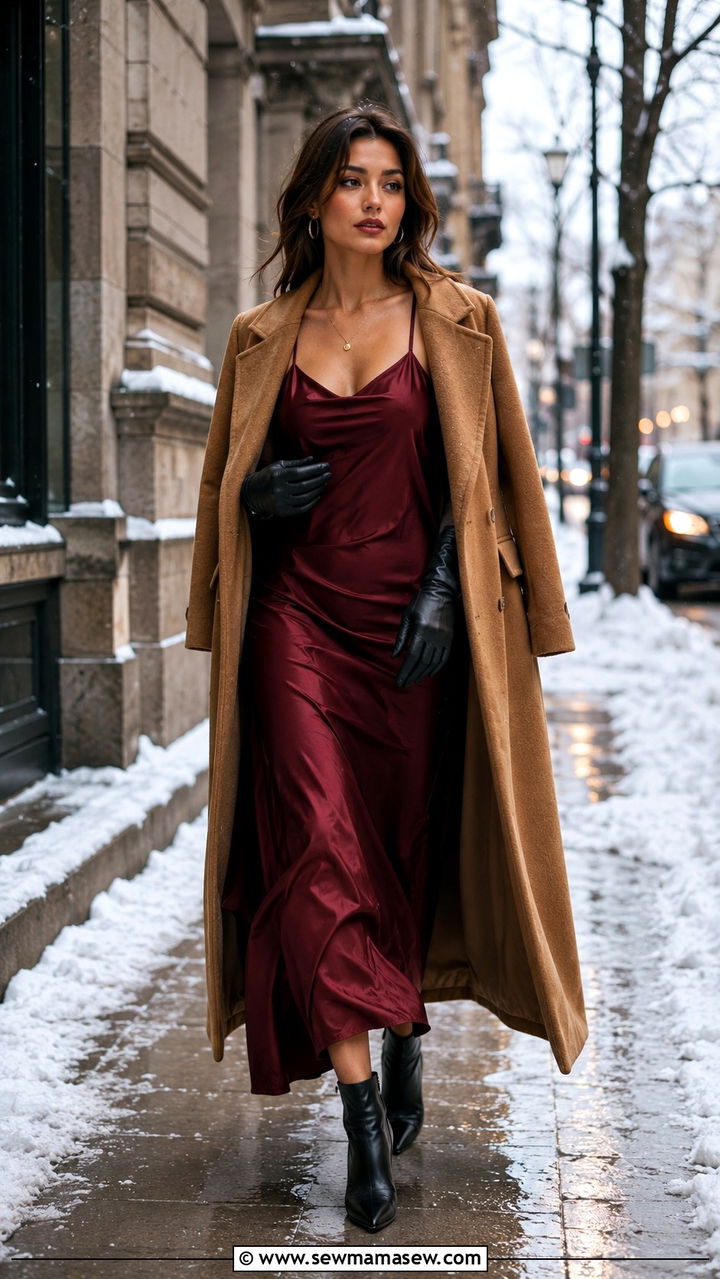Slip dress with a long coat - 30 how to style slip dress