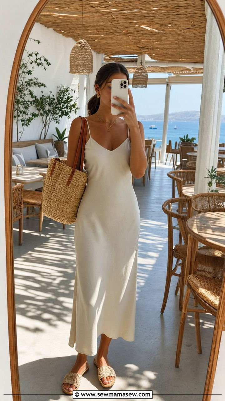 Slip dress with a straw tote - 35 beach vacation outfits ideas