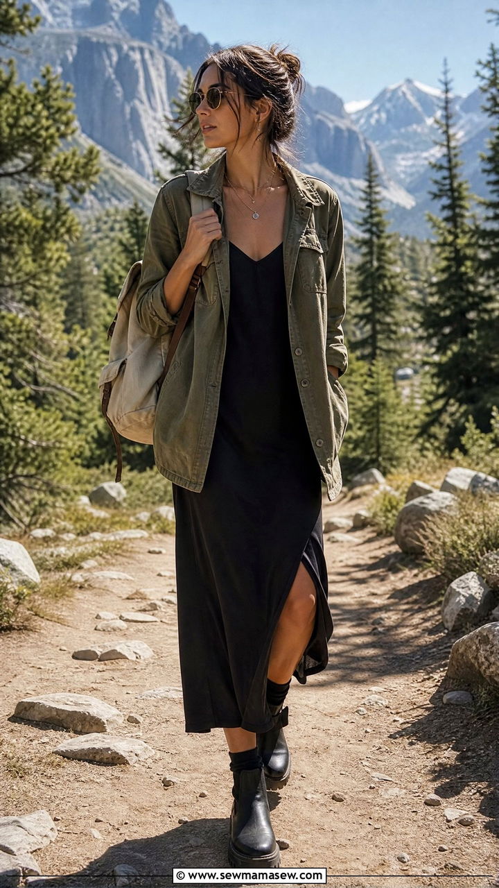 Slip dress with a utility jacket and flat combat boots - 25 How to style a slip dress for travel