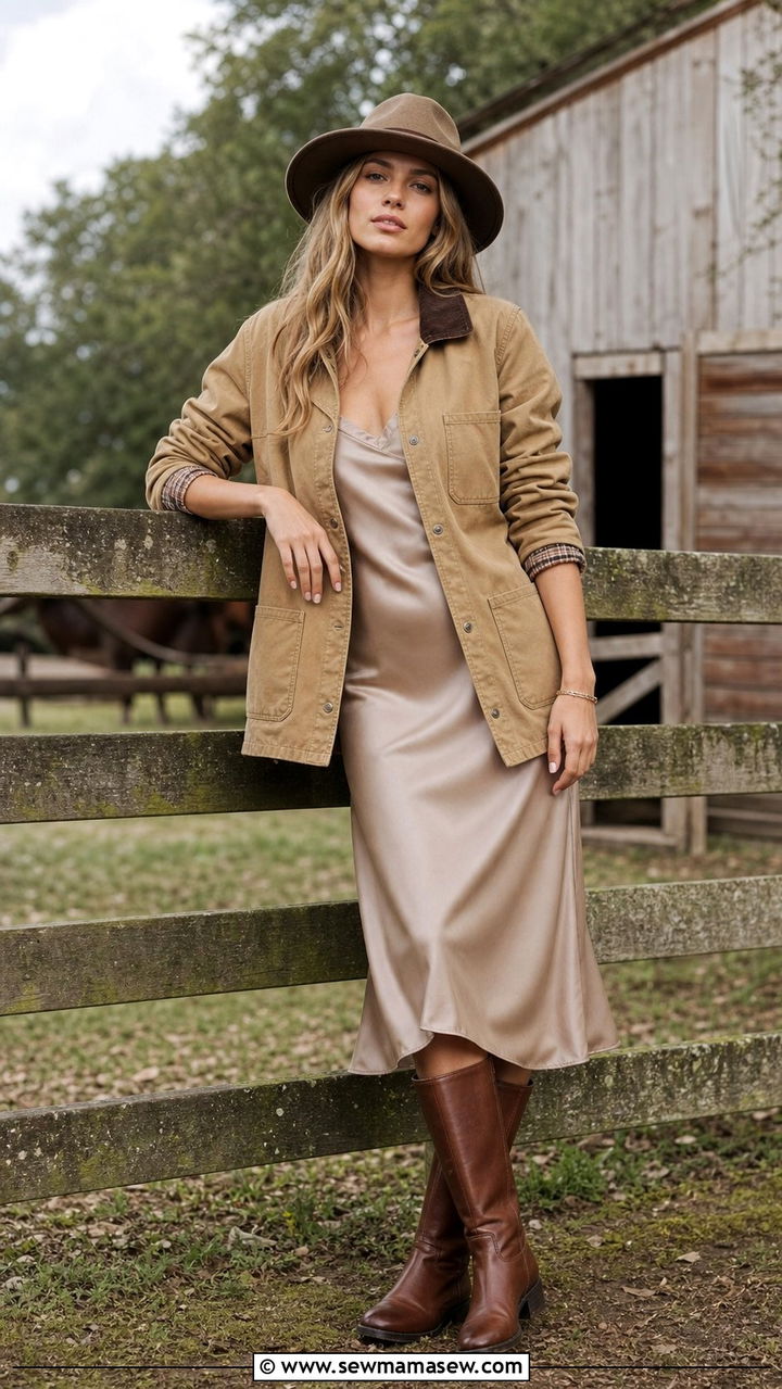 Slip dress with barn jacket - 25 Slip dress outfit ideas with a jacket