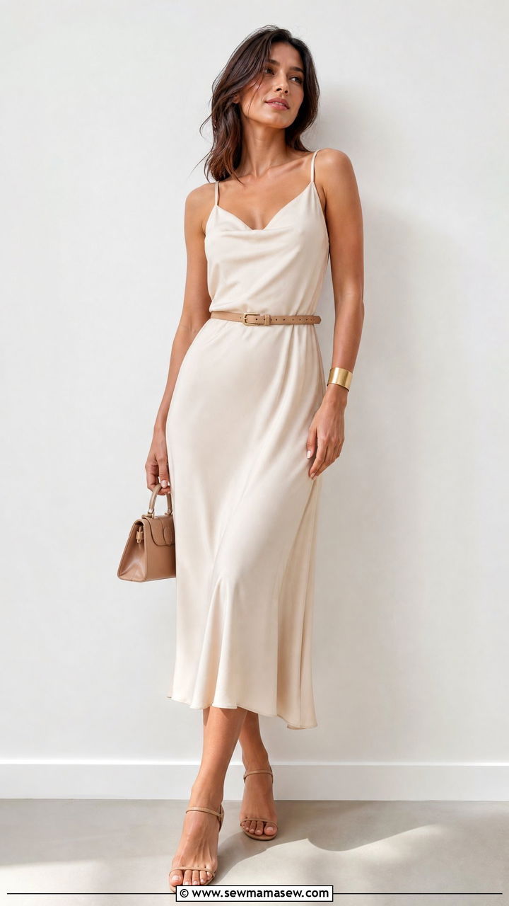 Slip dress with belt and minimal sandals - 30 Summer outfits with slip dresses