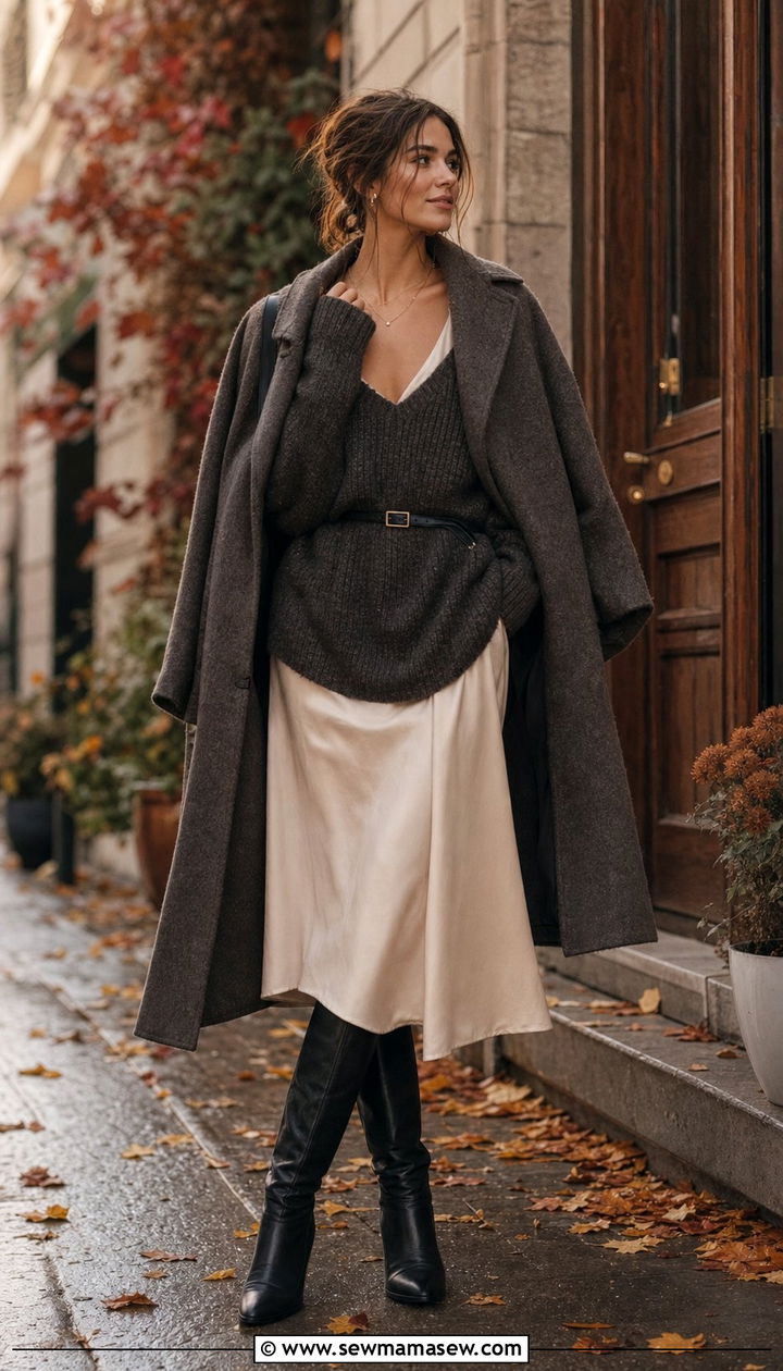 Slip dress with belt and oversized sweater - 25 Slip dress outfit ideas with a belt