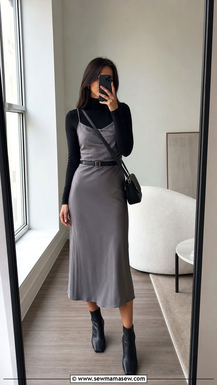 Slip dress with belt and turtleneck underneath - 25 Slip dress outfit ideas with a belt