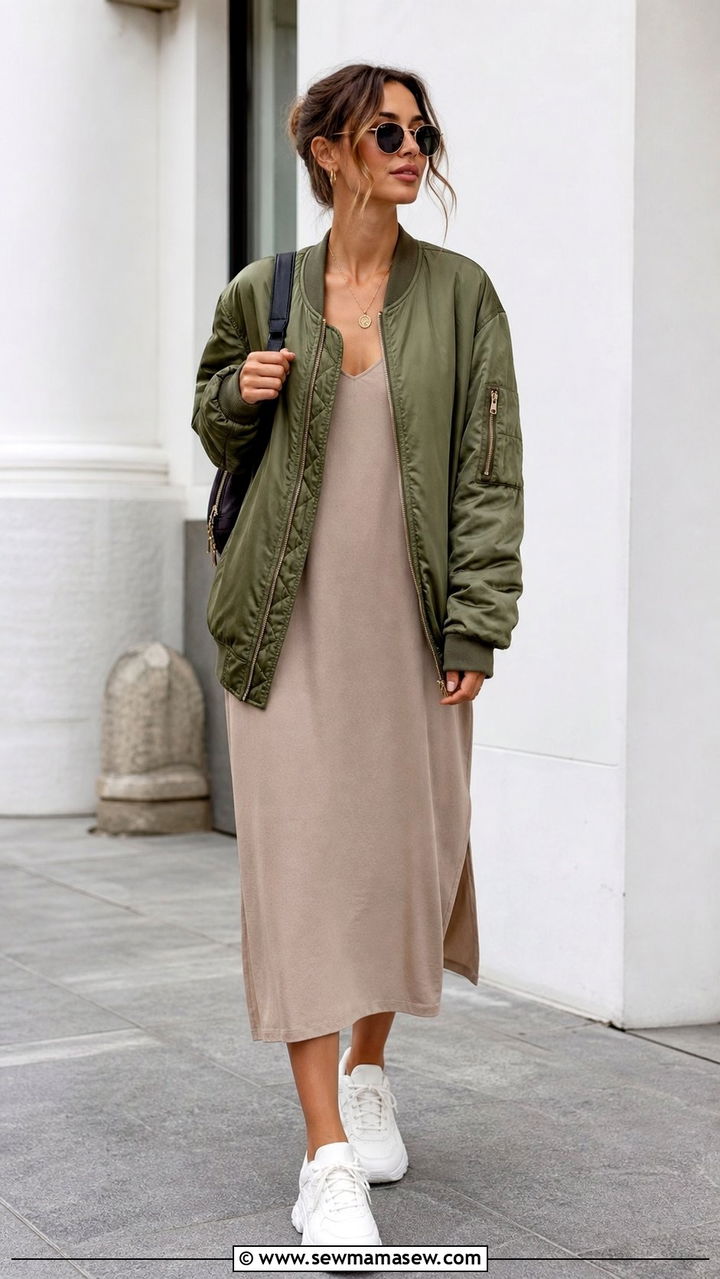 Slip dress with bomber jacket - 25 Slip dress outfit ideas with a jacket