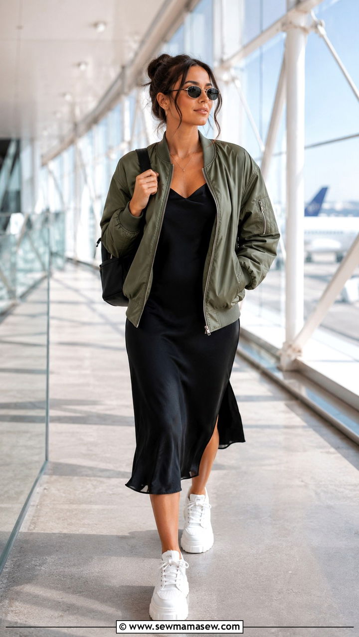 Slip dress with bomber jacket and platform sneakers - 30 How to style a slip dress in spring
