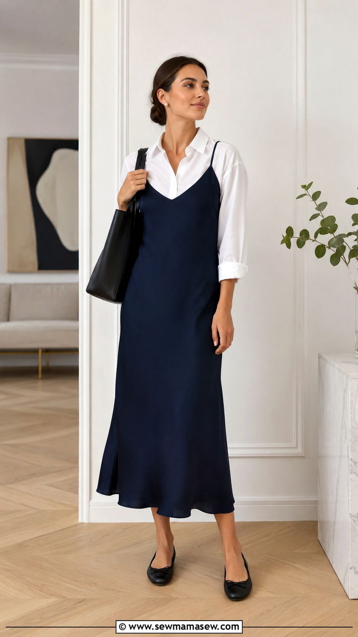 Slip dress with button down shirt and ballet flats - 30 How to style a slip dress in spring
