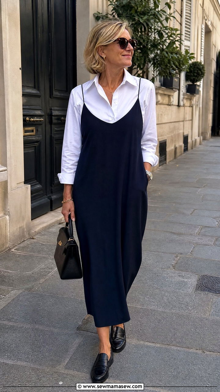 Slip dress with button down shirt and loafers - 25 How to style a slip dress over 40