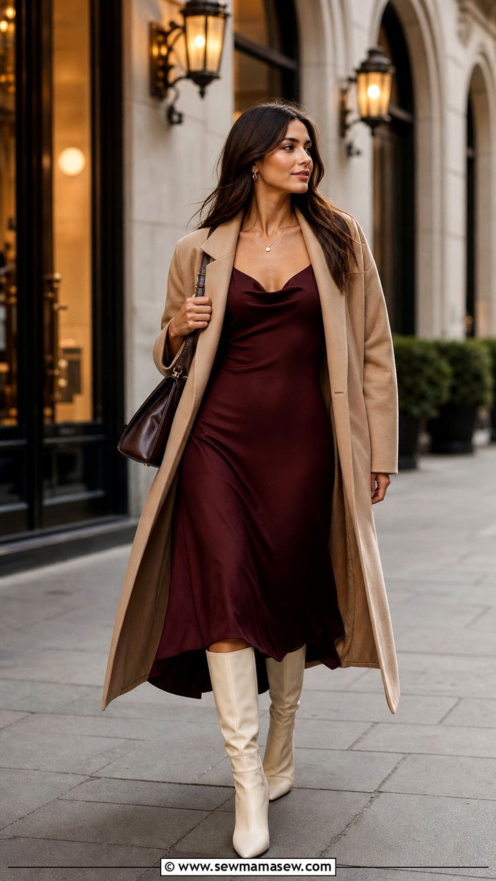 Slip dress with camel coat - 25 Slip dress outfit ideas with a jacket