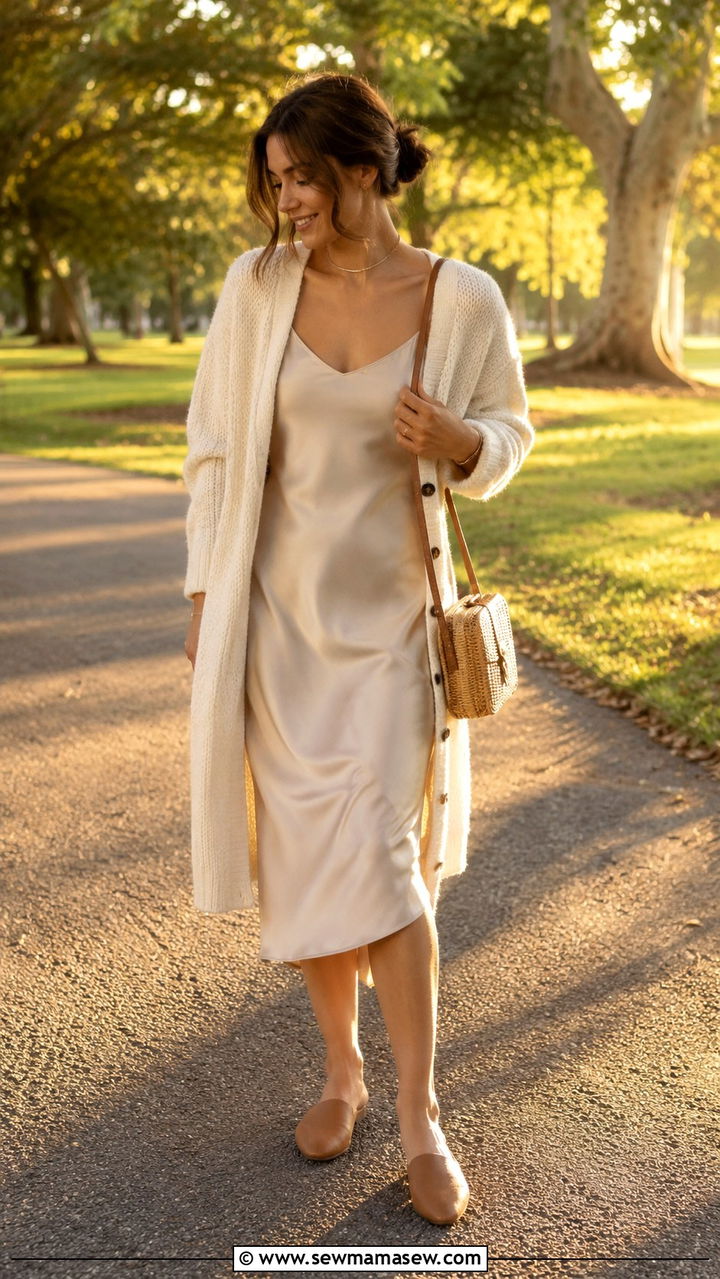 Slip dress with cardigan - 30 how to style slip dress
