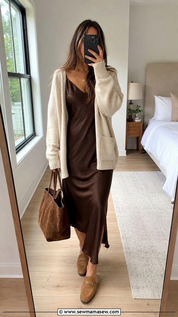 Slip dress with cardigan and mules outfit - 20 summer to fall outfits 2026