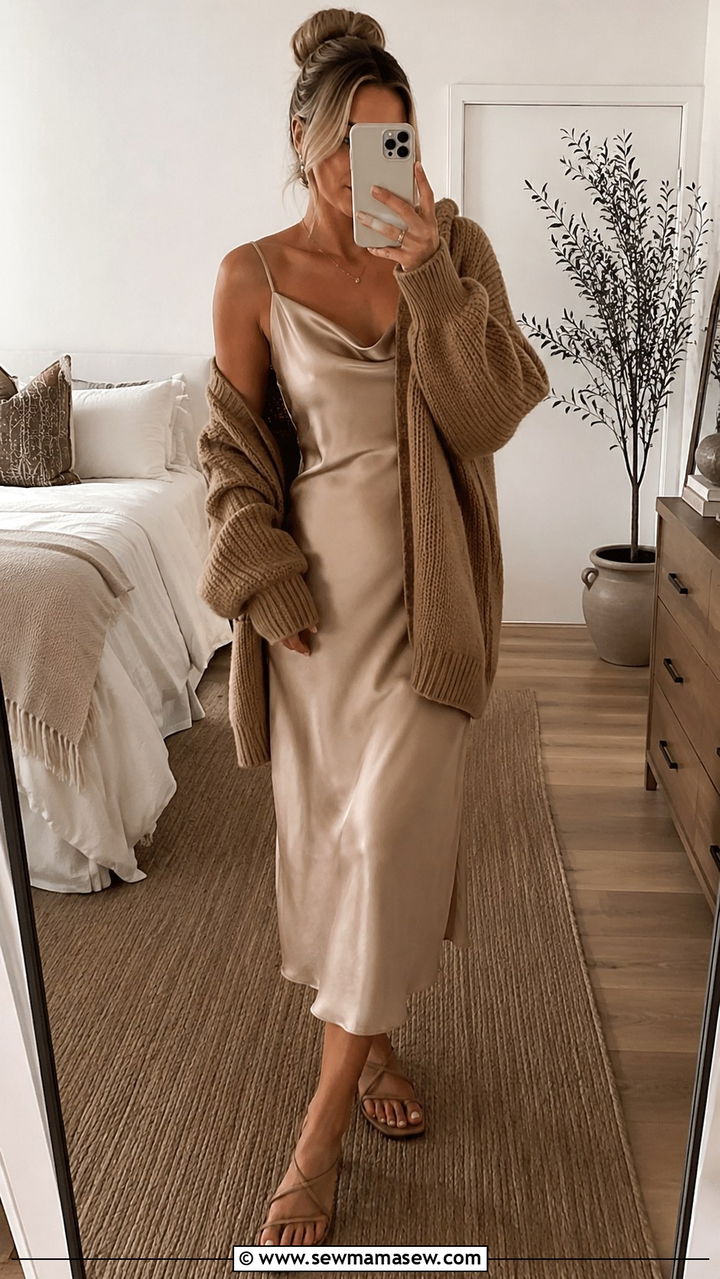 Slip dress with chunky knit cardigan - 25 nurse off duty outfit ideas