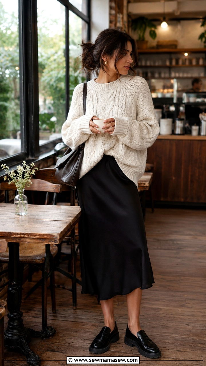 Slip dress with chunky knit sweater and loafers - 30 How to style a slip dress in spring