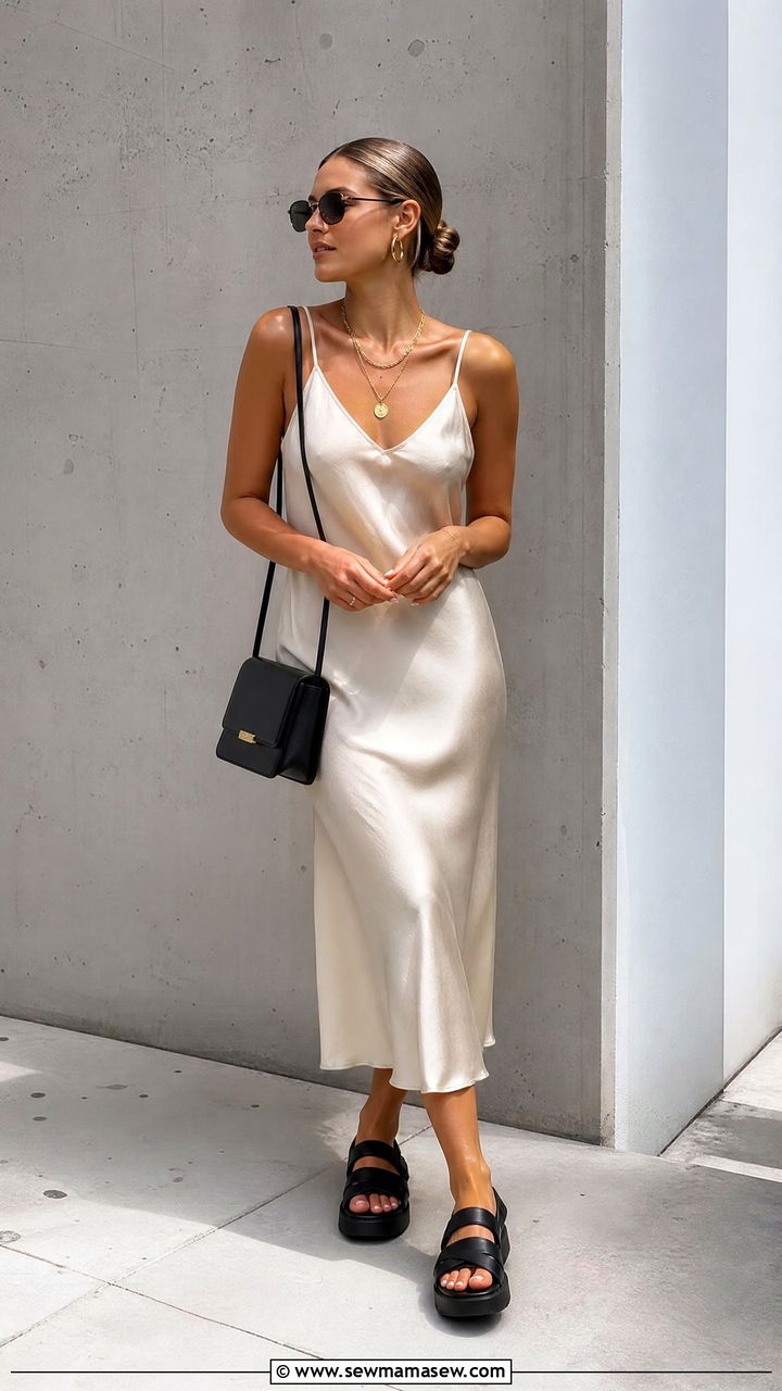 Slip dress with chunky sandals and gold accessories - 30 Summer outfits with slip dresses