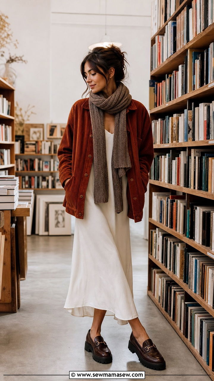 Slip dress with corduroy jacket - 25 Slip dress outfit ideas with a jacket