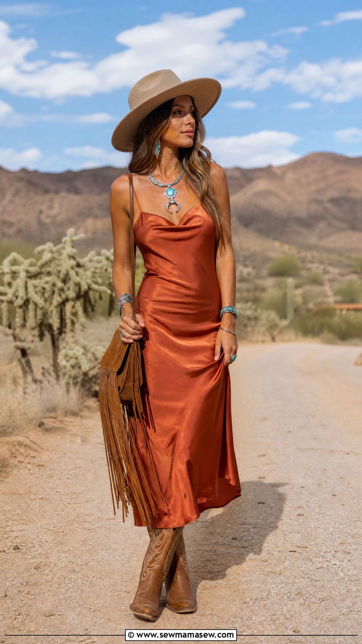 Slip dress with cowboy boots western outfit - 35 How to style a slip dress