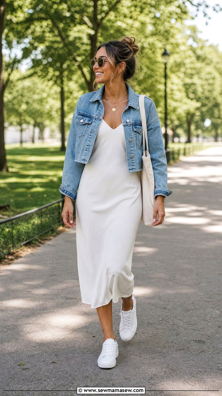 Slip dress with cropped denim jacket look - 35 How to style a slip dress