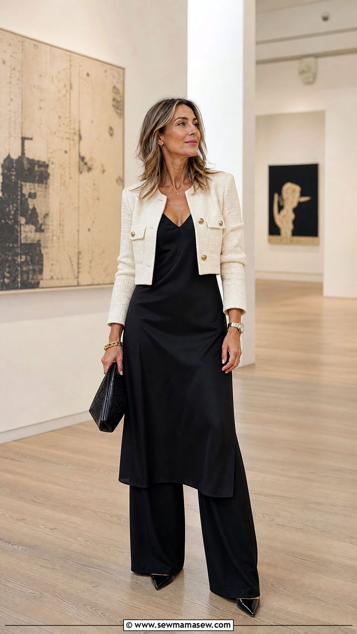 Slip dress with cropped jacket and wide leg trousers - 25 How to style a slip dress over 40