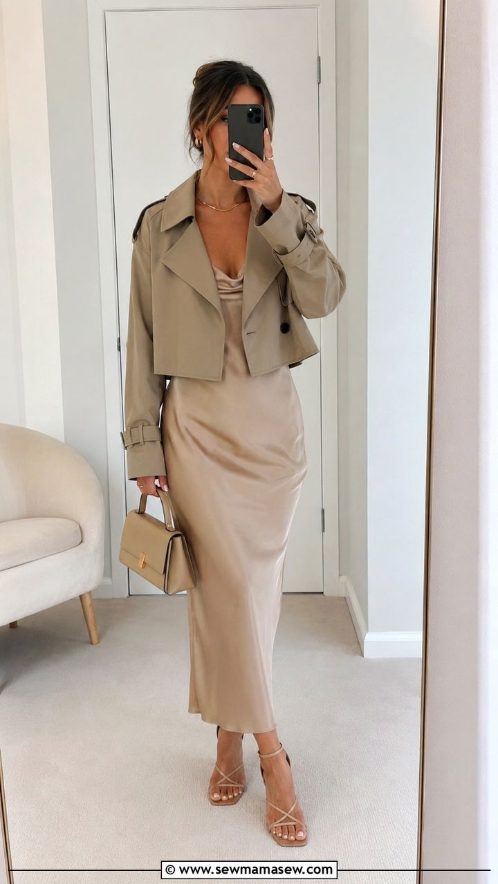 Slip dress with cropped trench coat - 30 Playful spring outfit ideas