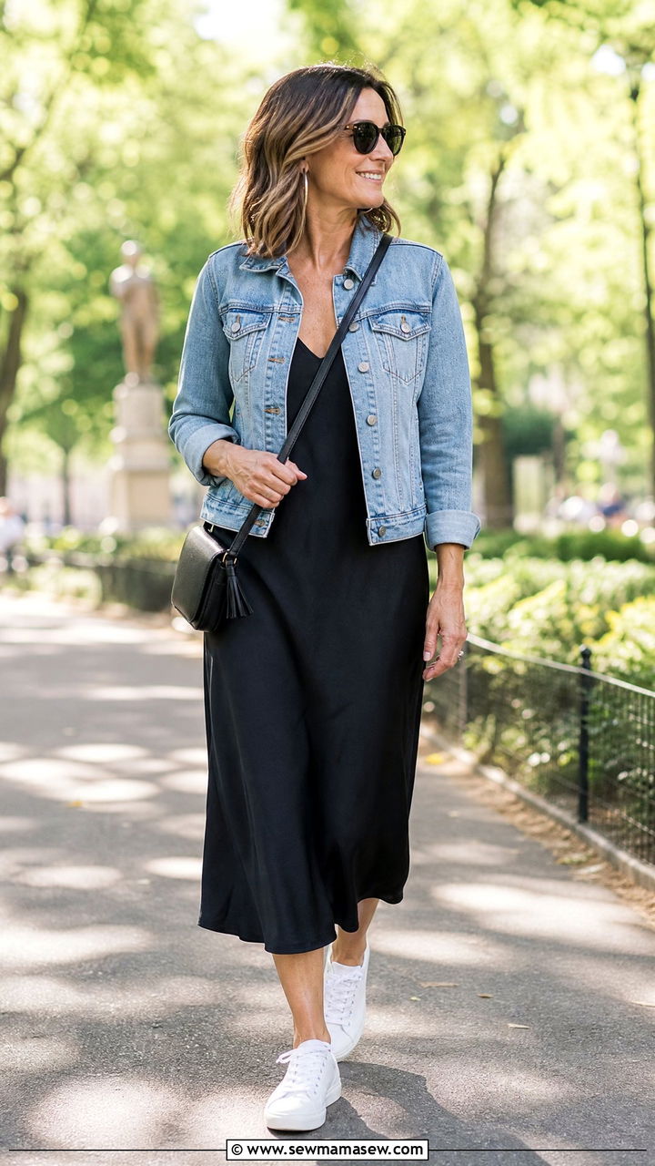 Slip dress with denim jacket and white sneakers - 25 How to style a slip dress over 40