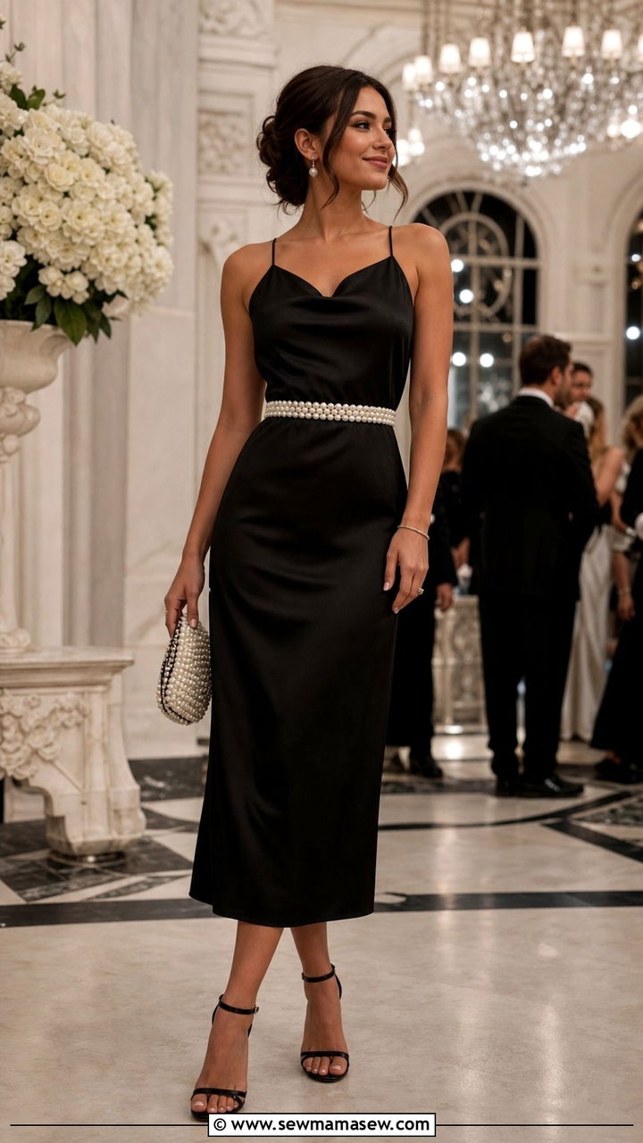 Slip dress with embellished belt and clutch - 25 Slip dress outfit ideas with a belt