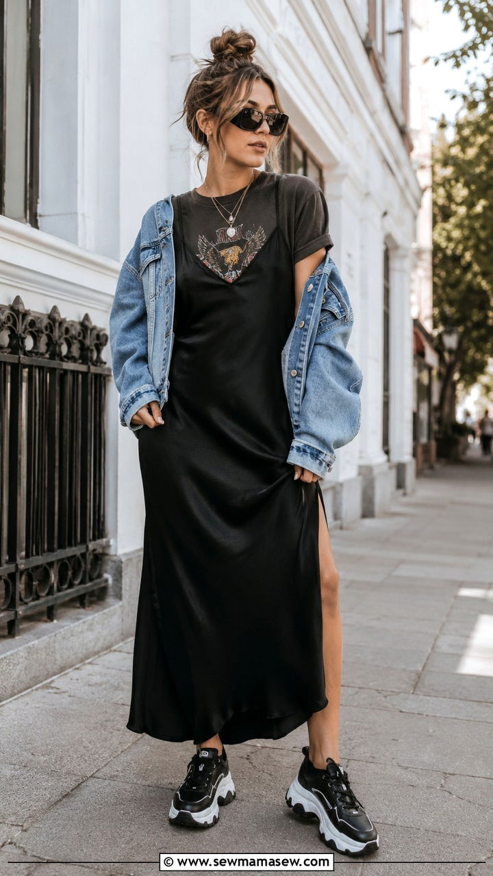 Slip dress with graphic tee underneath - 30 how to style slip dress