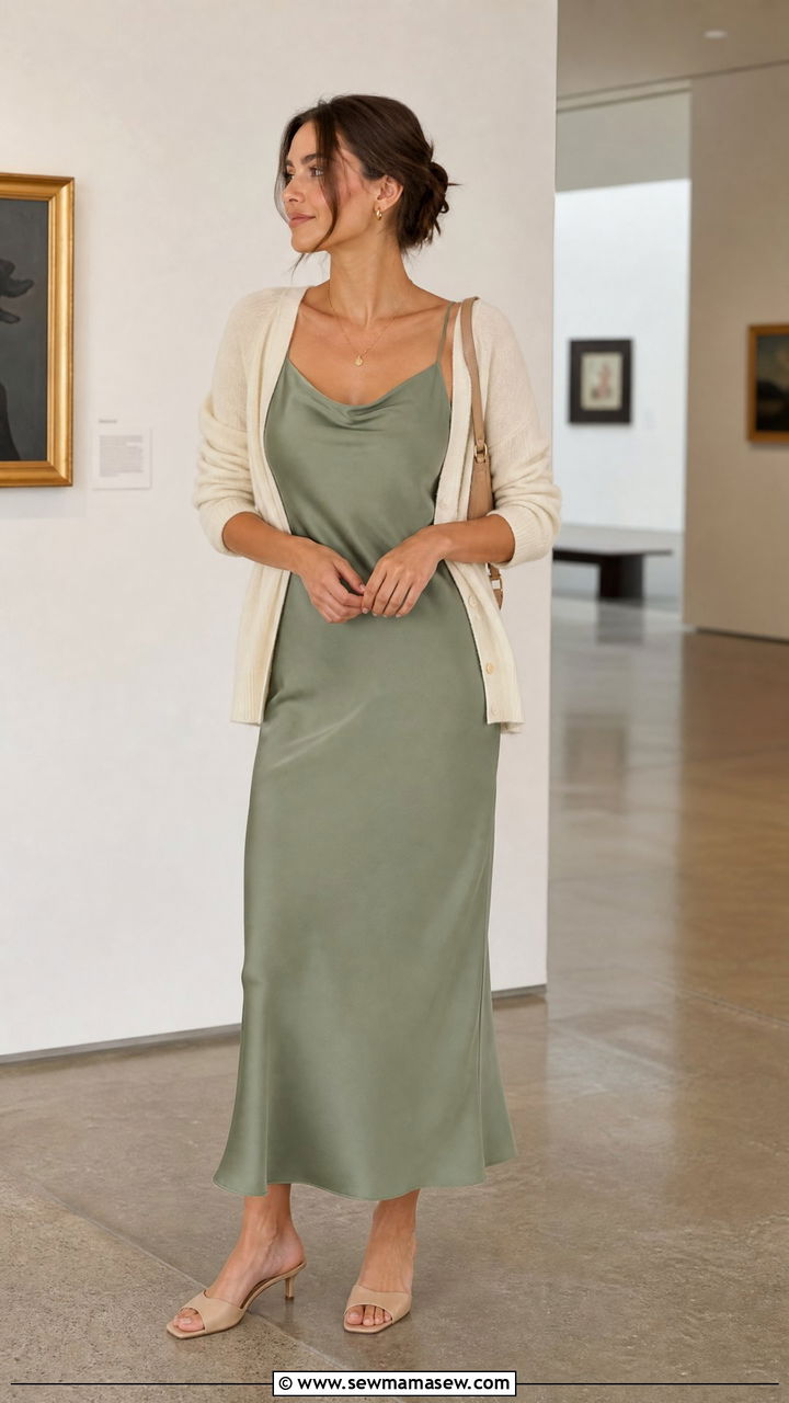 Slip dress with kitten heel mules and a lightweight cardigan - 25 Spring outfits with mules