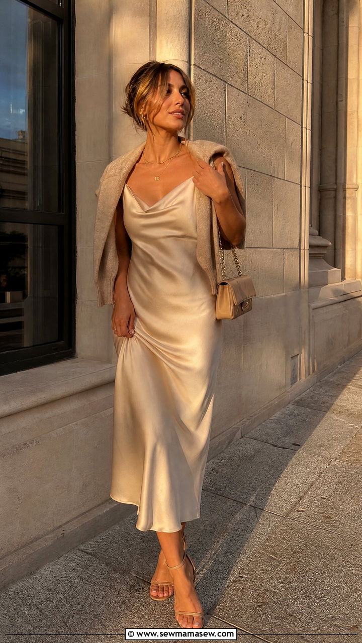 Slip dress with layered necklaces - 25 Layered necklaces outfit ideas