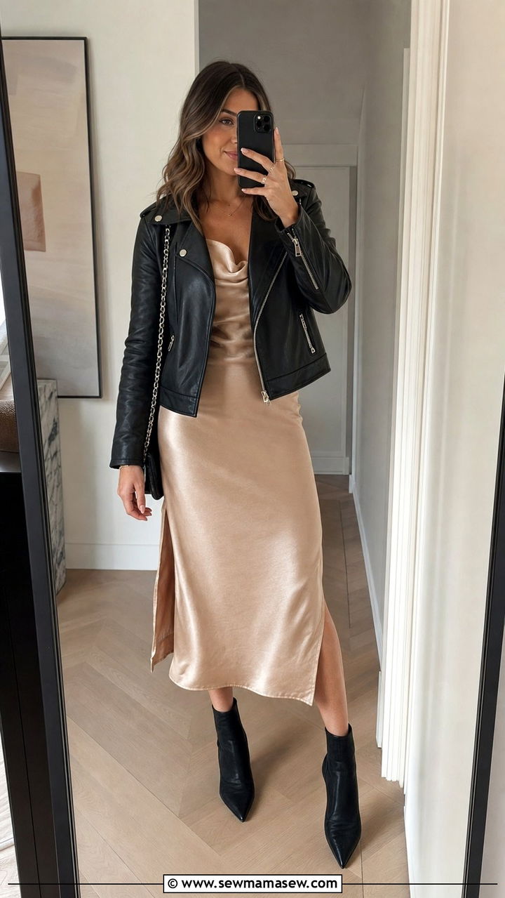 Slip dress with leather jacket - 25 Slip dress outfit ideas with a jacket