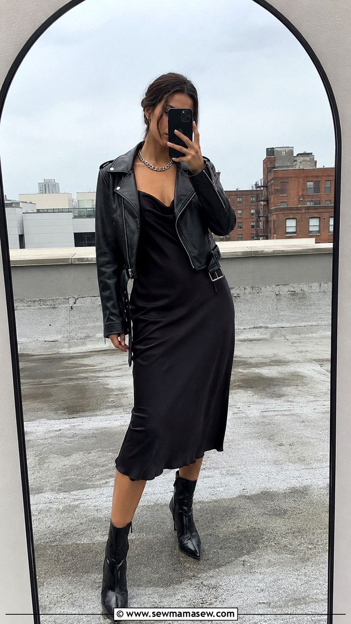Slip dress with leather jacket - 30 how to style slip dress
