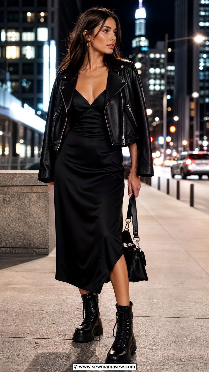 Slip dress with leather jacket and combat boots - 30 Summer outfits with slip dresses