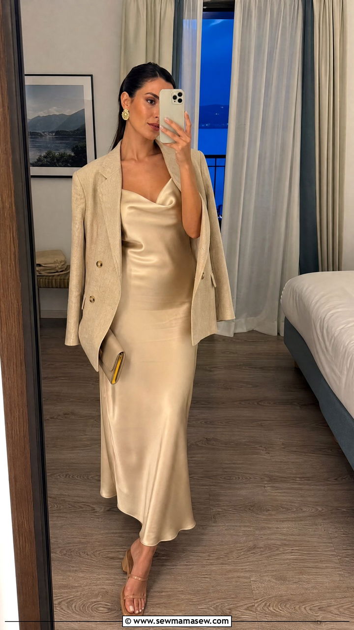 Slip dress with lightweight blazer and low heels - 25 casual Italy outfits